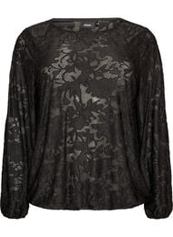 Transparent bluse med blomsterstruktur og lange &aelig;rmer, Sort