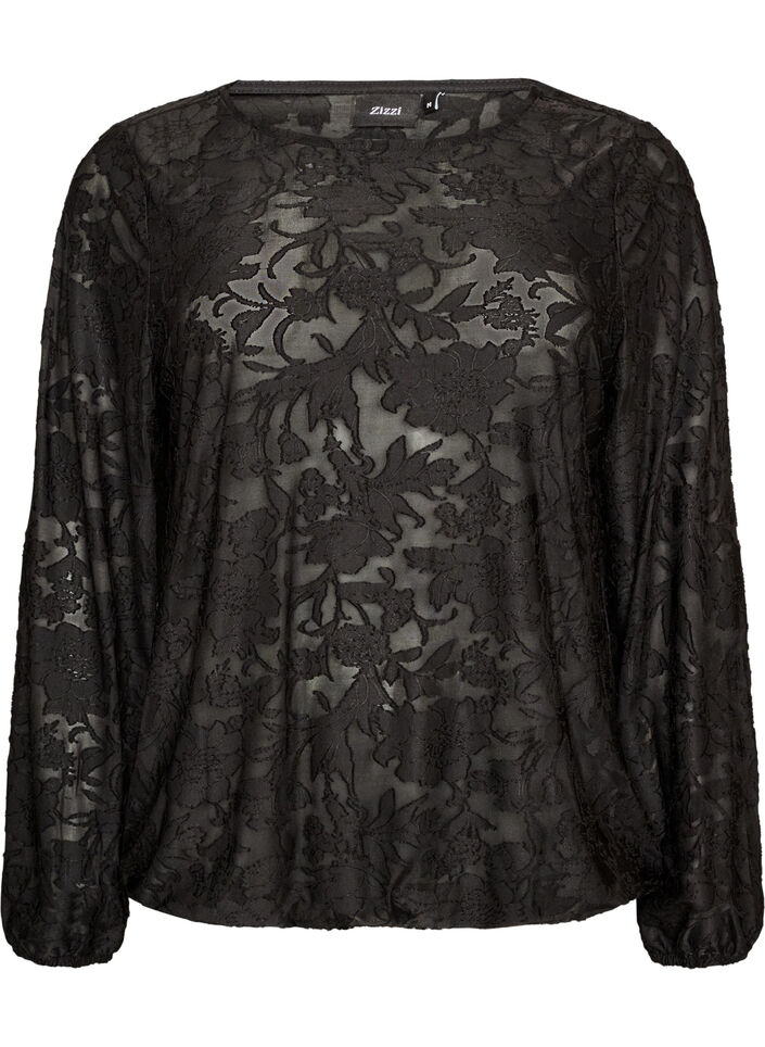 Transparent bluse med blomsterstruktur og lange &aelig;rmer, Sort, Packshot image number 0