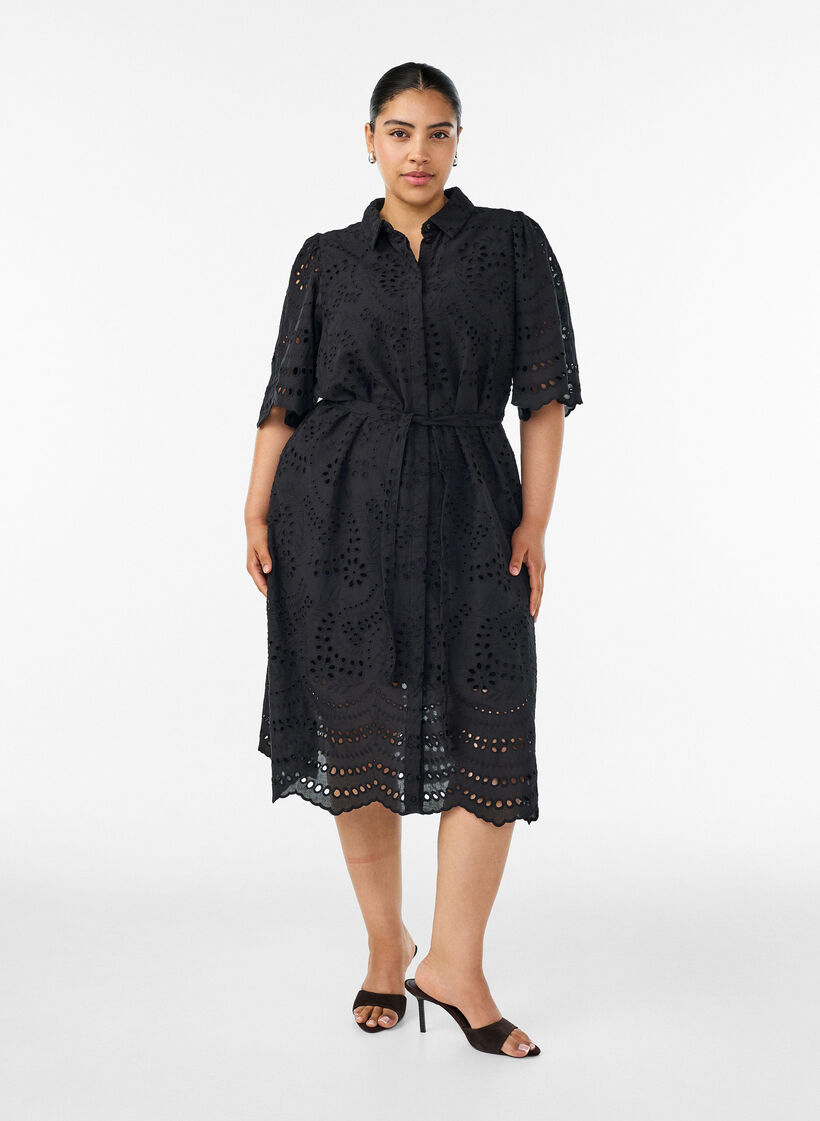 Skjortekjole i broderie anglaise med bindeb&aelig;lte, Sort, Model image number 1