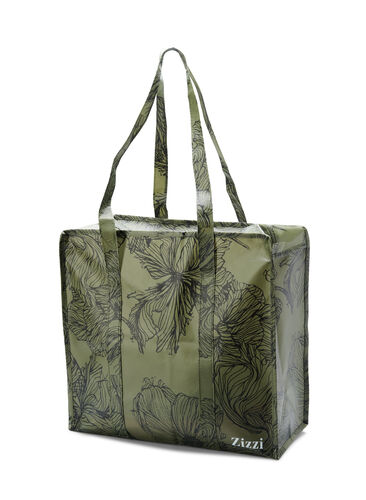 Shoppingbag med lynlås, Green Flower AOP, Packshot image number 1