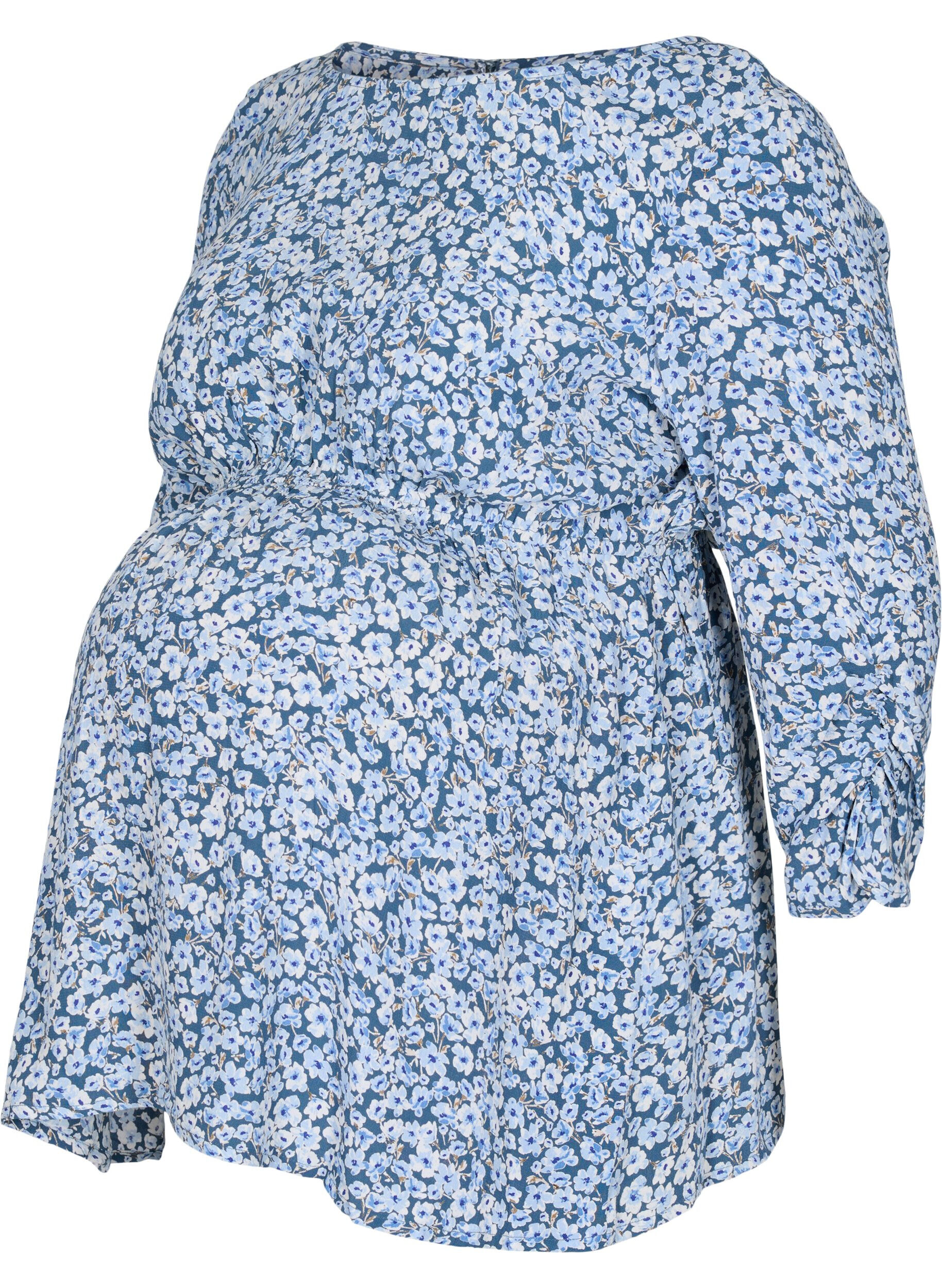 Zizzi Graviditets bluse i viskose med print, Blue Flower AOP, Packshot image number 0