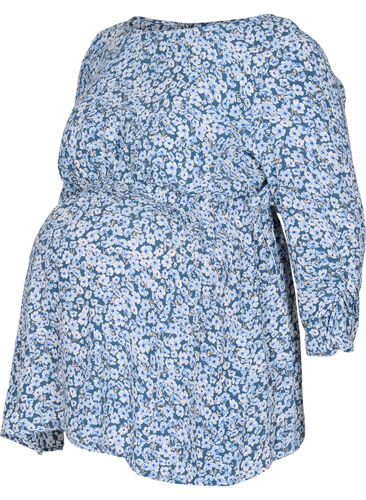 Graviditets bluse i viskose med blomsterprint, Blue Flower AOP, Packshot image number 0