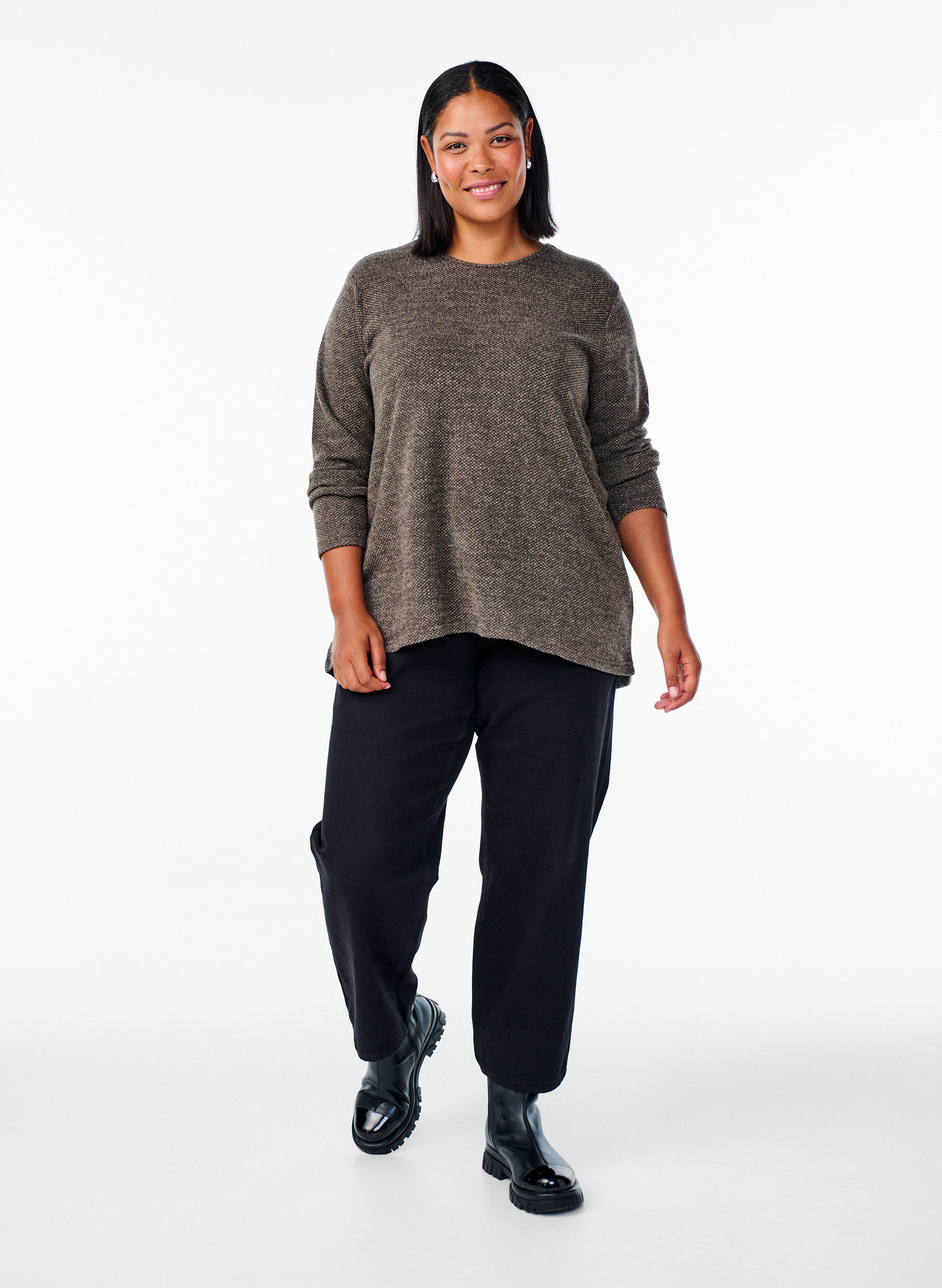 Zizzi Lang&aelig;rmet bluse med struktur, Brun, Model image number 1