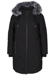 Vinterjakke med aftagelig hætte og stor imiteret pelskrave, Black