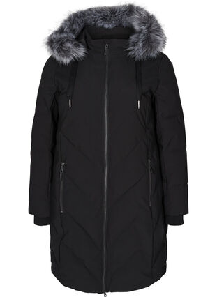 Vinterjakke med aftagelig hætte og stor imiteret pelskrave, Black, Packshot image number 0