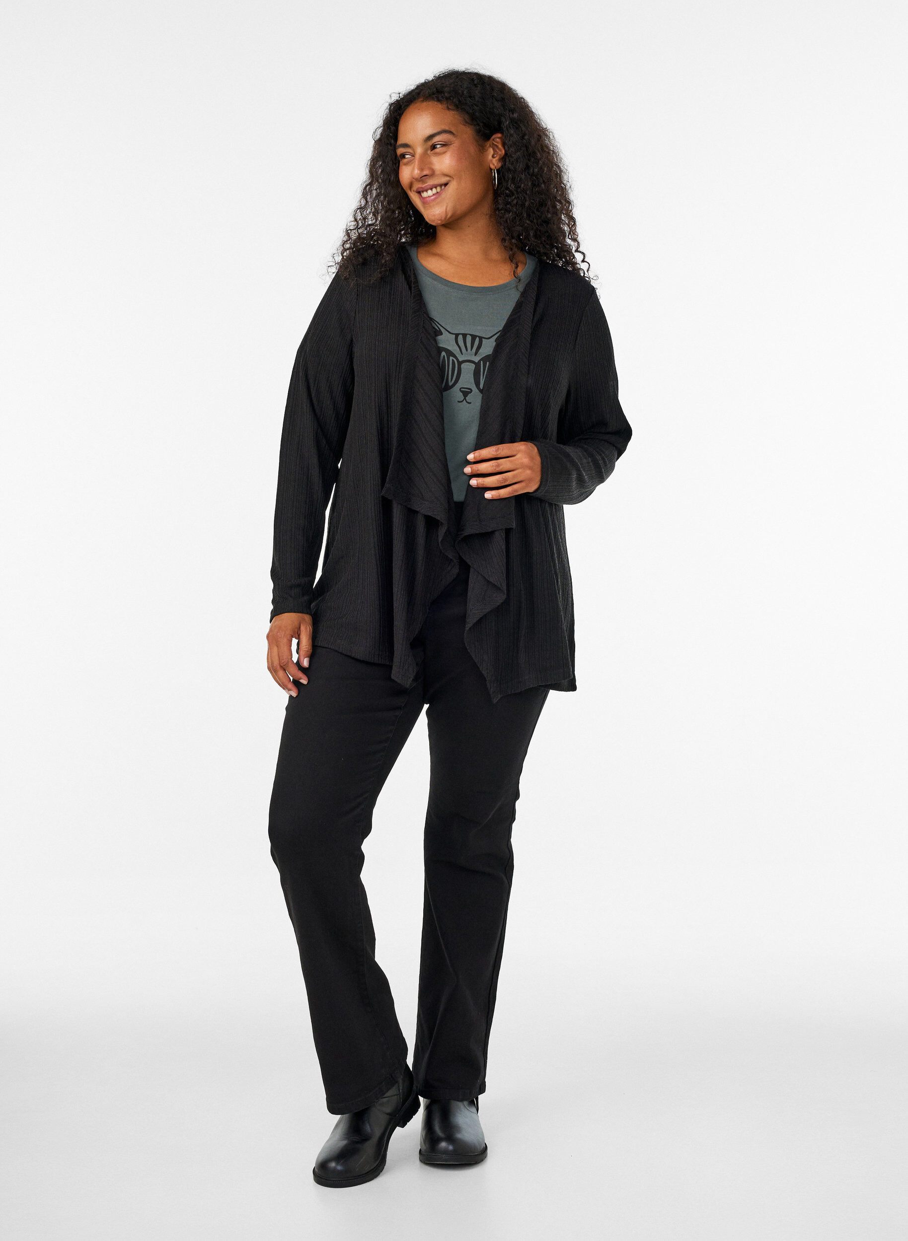Zizzi&Aring;ben cardigan i struktureret jersey, Sort, Model image number 1