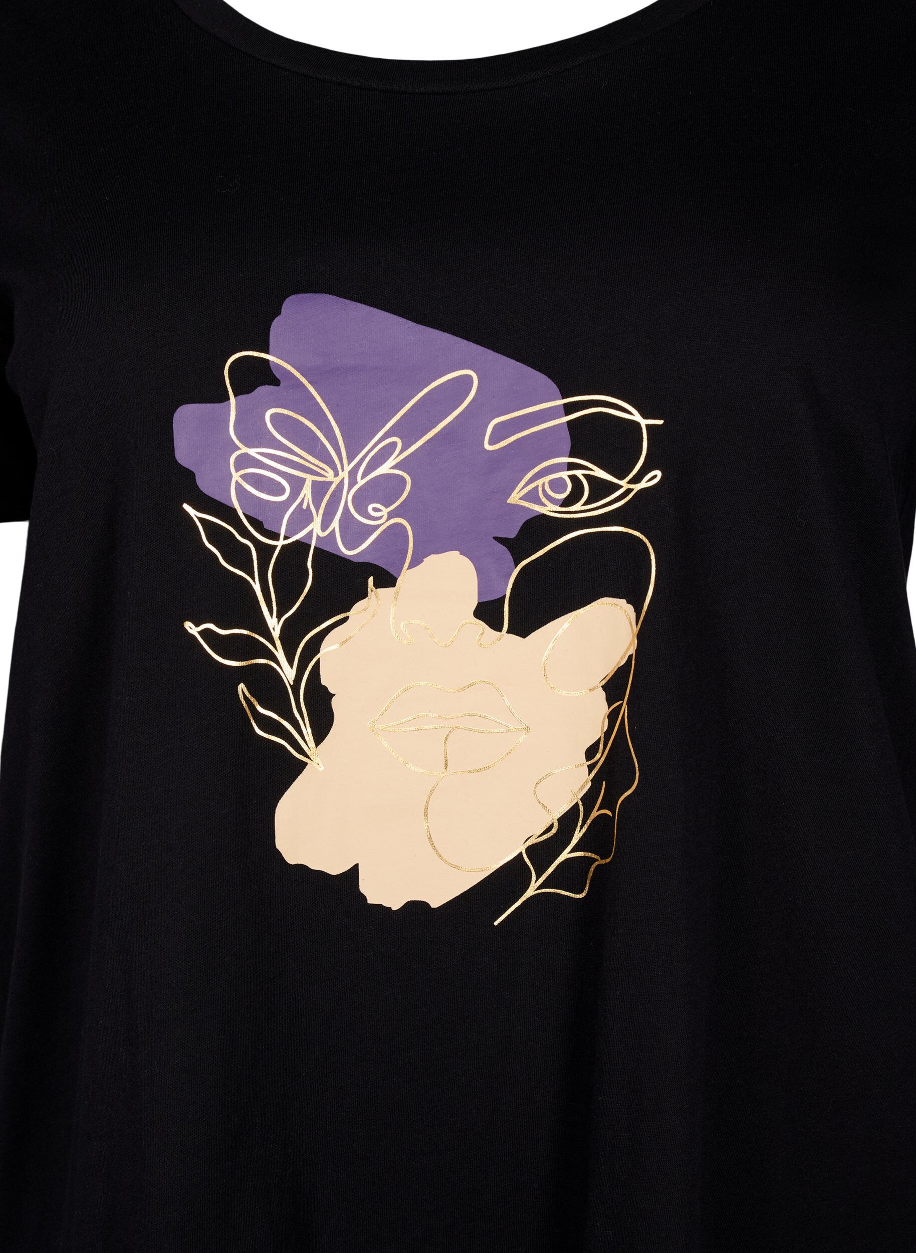 Zizzi Bomulds t-shirt med motiv, Black w. Face Foil, Packshot image number 2
