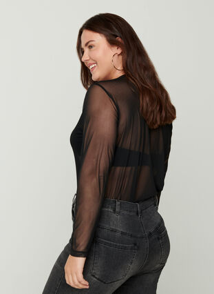 Tætsiddende bluse i mesh, Black, Model image number 1