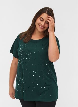 Økologisk bomulds t-shirt med nitter, Dark Green, Model image number 0