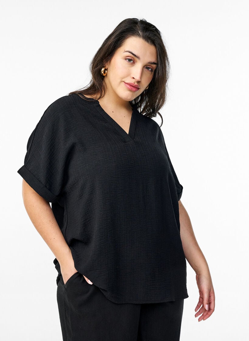 L&oslash;s bluse med korte &aelig;rmer, Sort, Model image number 0