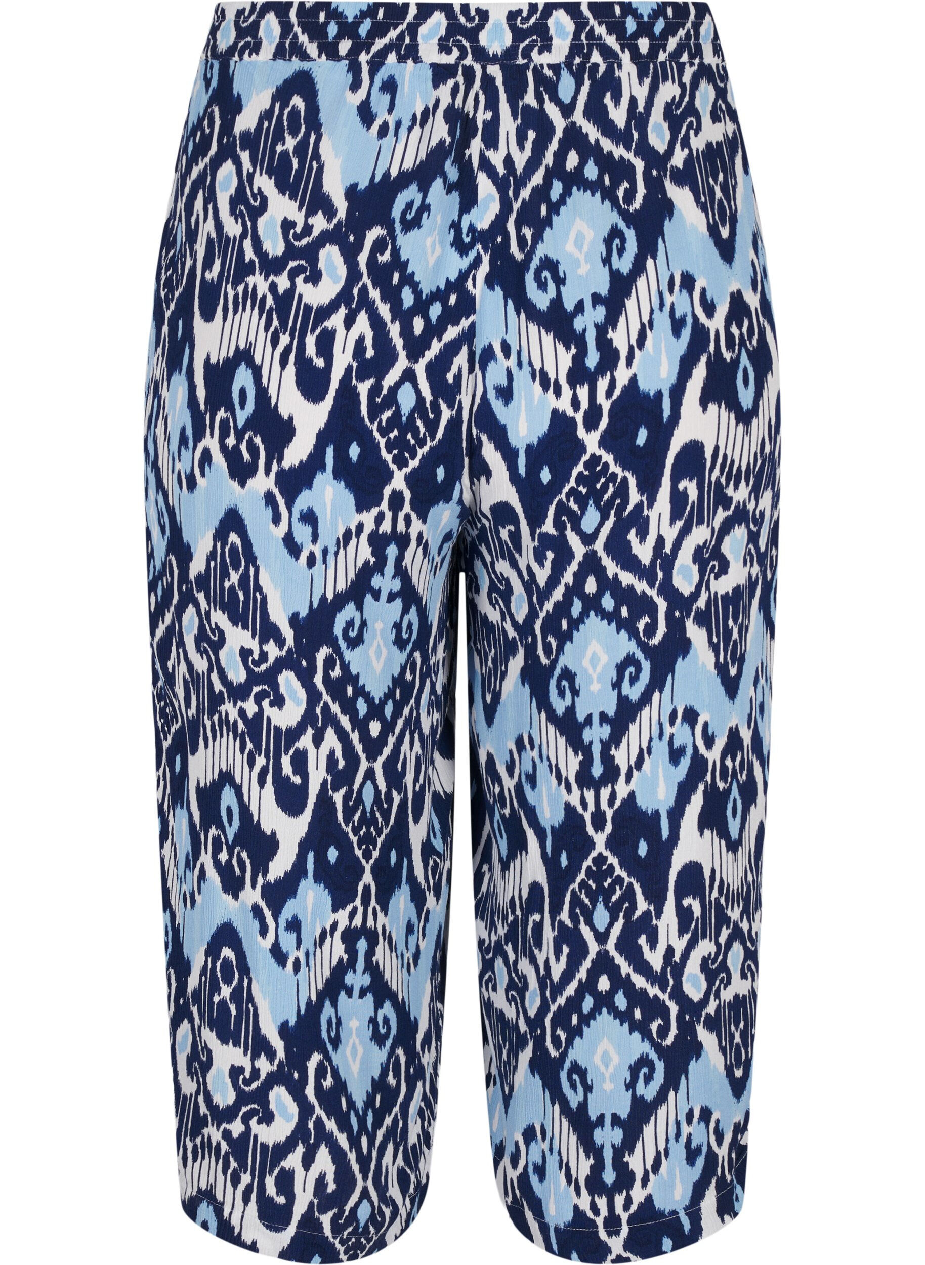 Zizzi Culotte bukser i viskose med print, Blue Ethnic AOP, Packshot image number 1