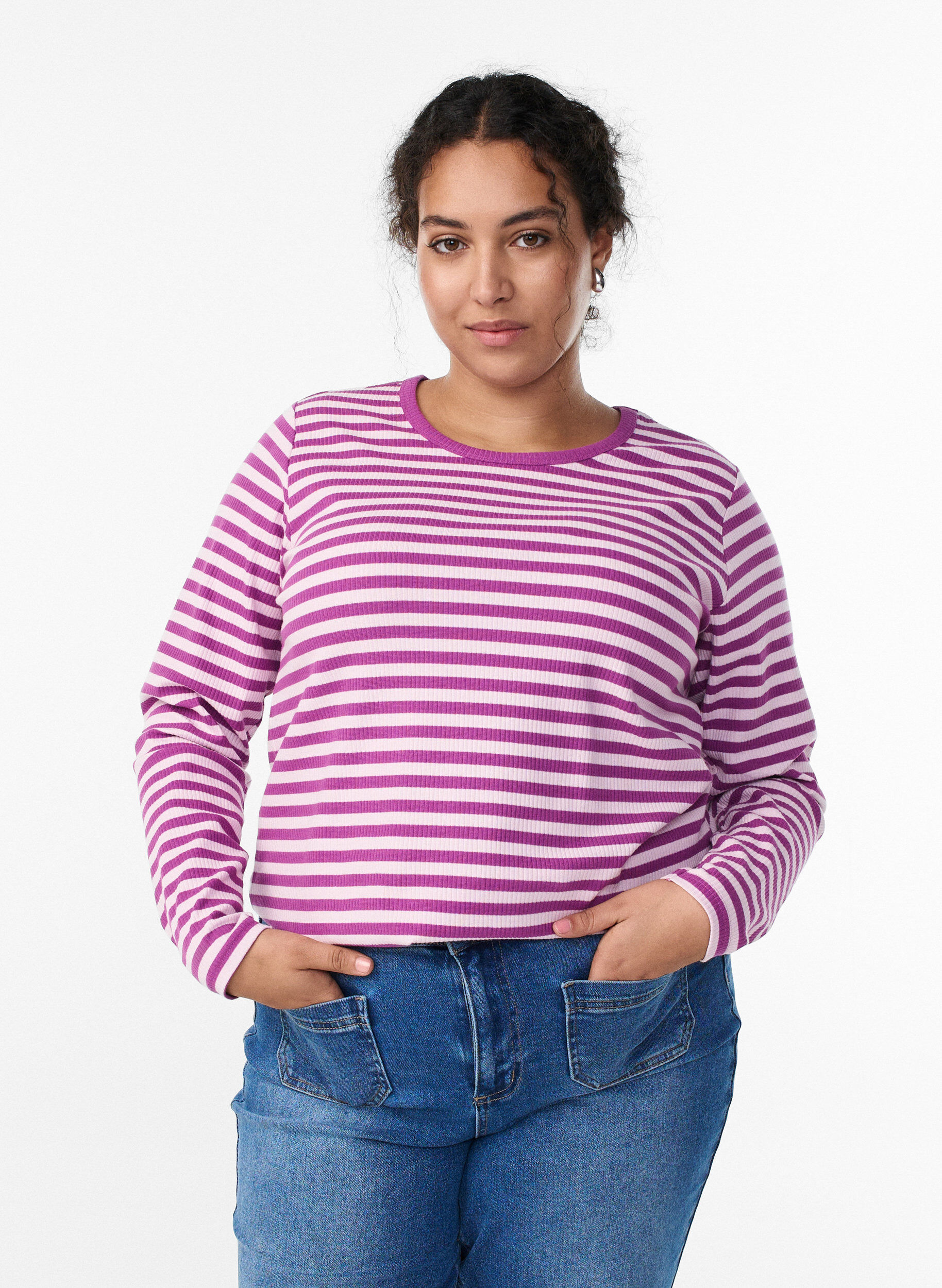 ZizziStribet bluse med lange &aelig;rmer, Lilla, Model image number 0