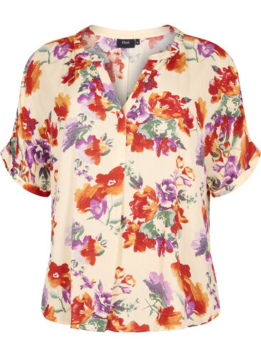 Blomstert viskose bluse med korte ærmer, Buttercream Vintage, Packshot image number 0