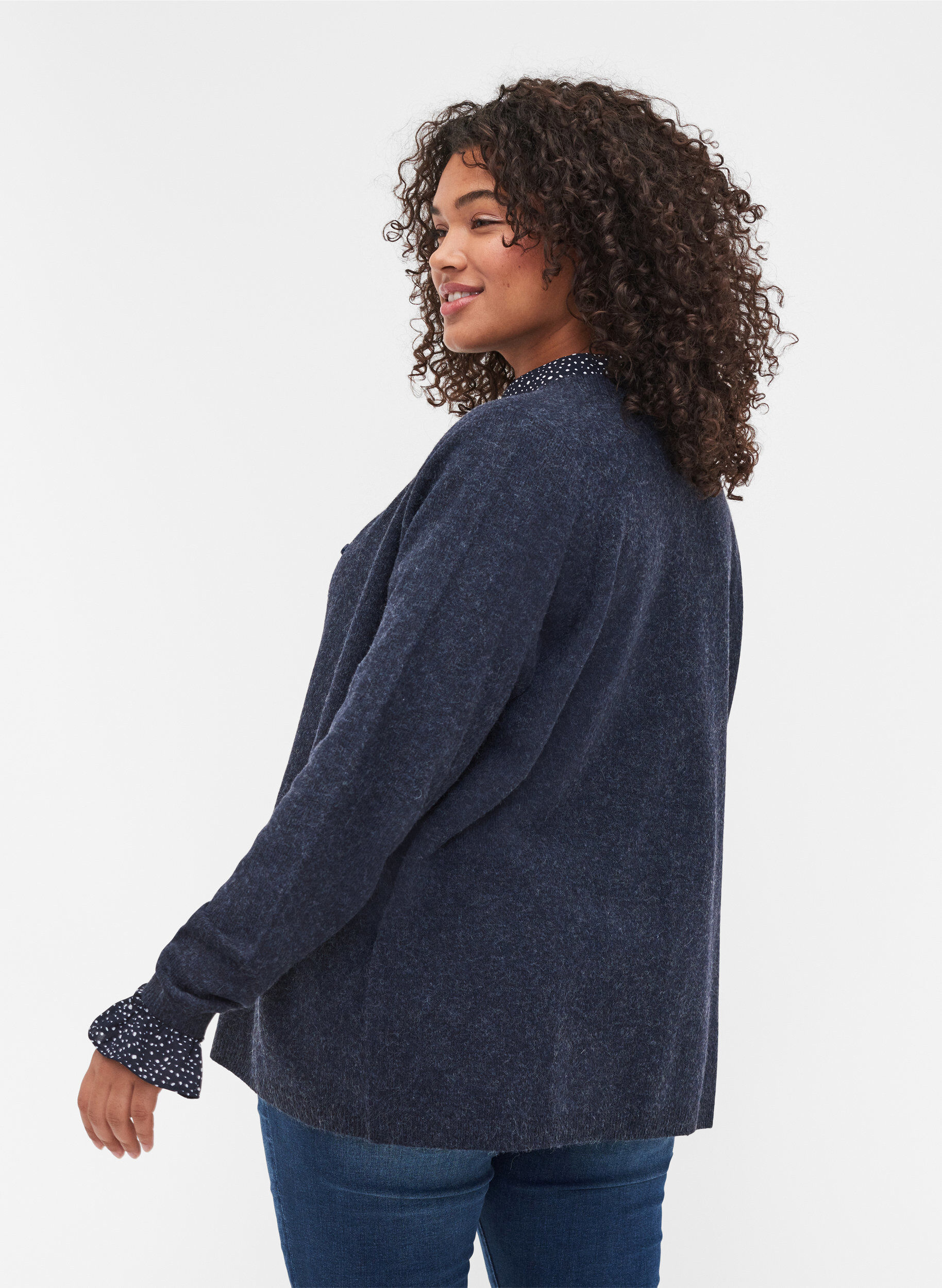 Zizzi Kort meleret strik cardigan med knaplukning, Night Sky Mel., Model image number 1
