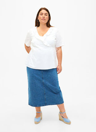 Midilang denim nederdel med slids bagpå, Denim Blue, Model image number 3