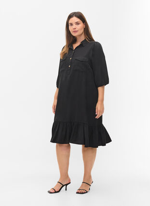 Kjole med flæsekant og 3/4 ærmer, Black, Model image number 2
