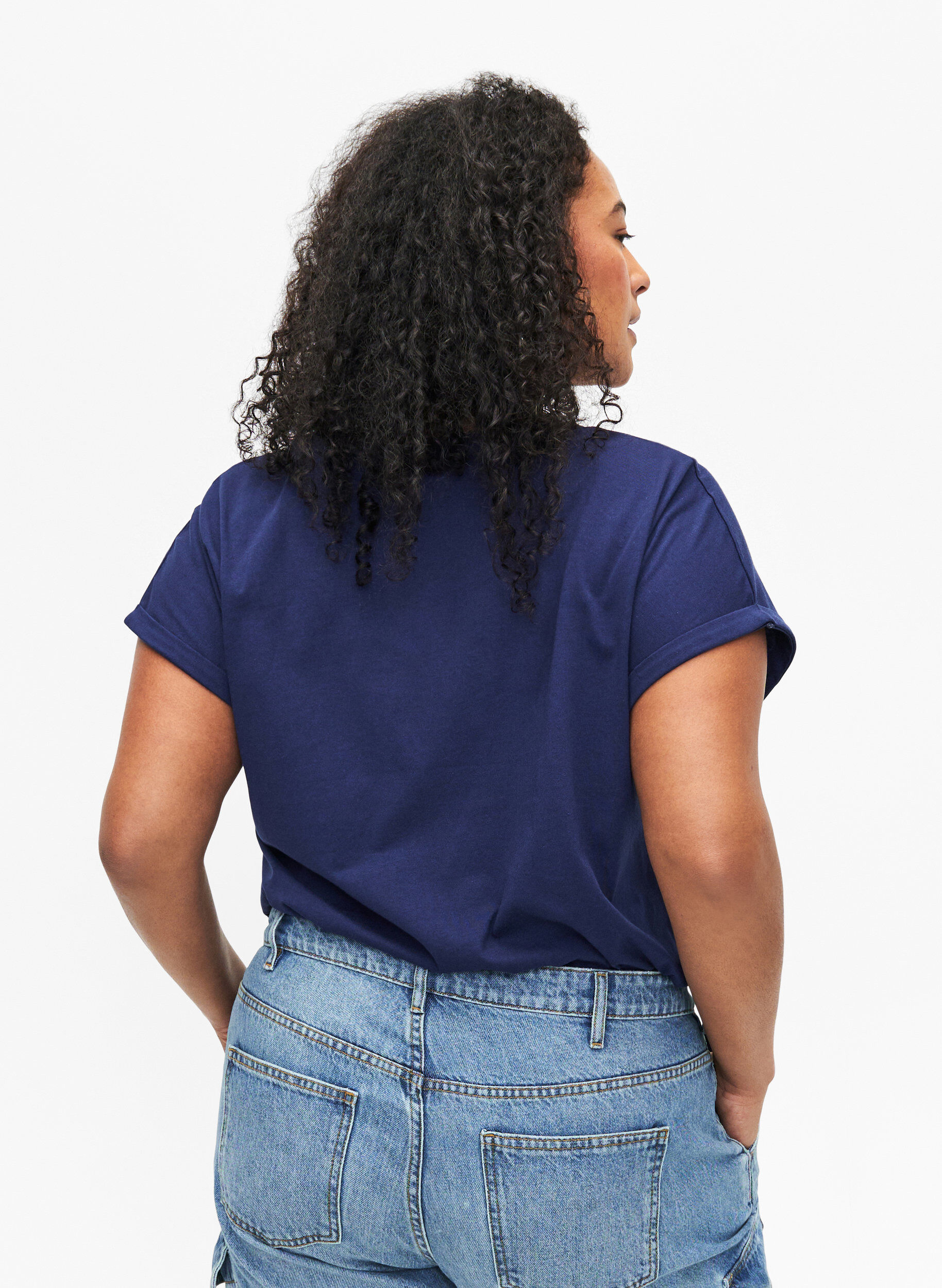 Zizzi T-shirt i &oslash;kologisk bomuld med guldtryk, Med.Blue Gold Flower, Model image number 1