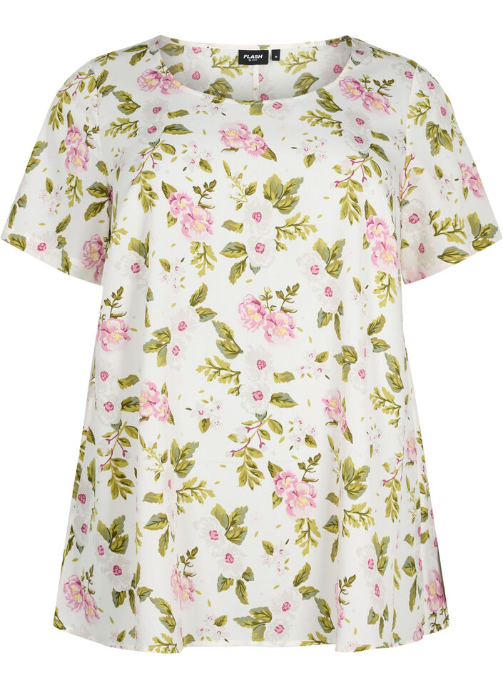 FLASH - Bluse med korte ærmer og print, Off White Flower, Packshot image number 0