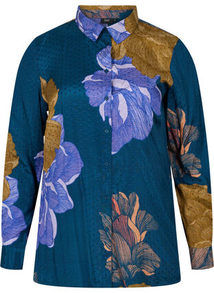 Langærmet viskose skjorte med blomsterprint, Reflecting Pond AOP, Packshot image number 0