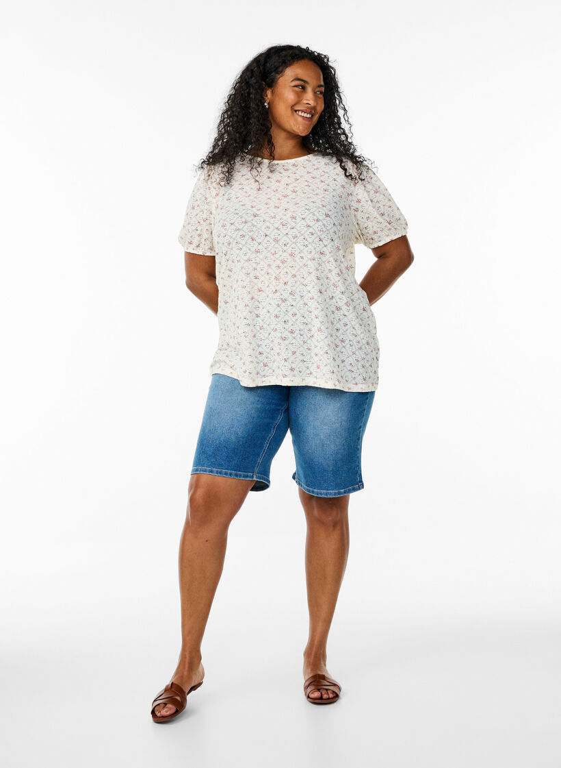 Kortærmet jerseybluse med blomsterprint, Hvid, Model image number 1