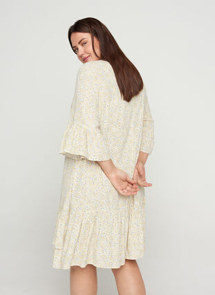 Printet viskose kjole med bindebånd i taljen, Yellow AOP Flower, Model image number 1