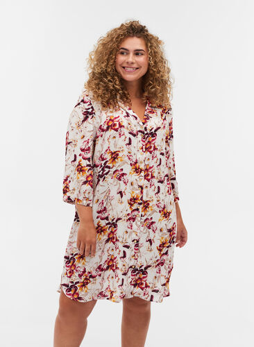 Skjorte tunika i viskose med 3/4 og print, Beige w. Flower AOP, Model image number 0