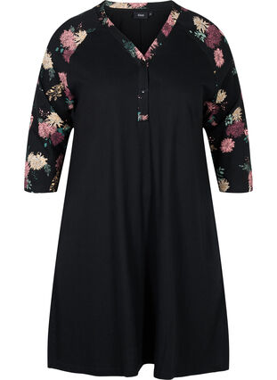 Økologisk bomulds natkjole med printdetaljer, Black AOP Flower, Packshot image number 0