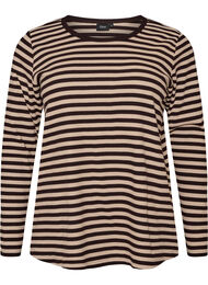 Stribet bluse med lange &aelig;rmer, Brun