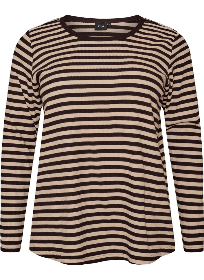 Stribet bluse med lange &aelig;rmer, Brun, Packshot image number 0