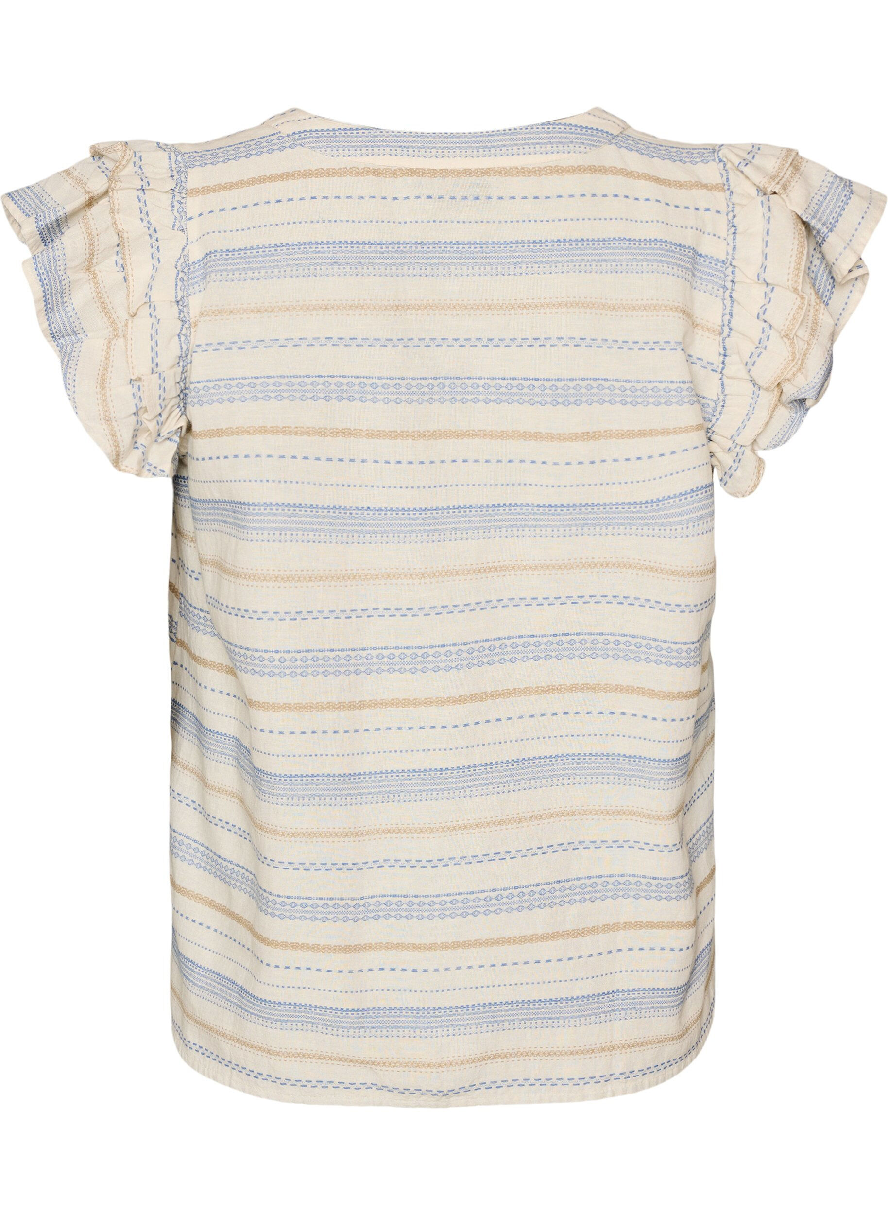 Zizzi&AElig;rmel&oslash;s bluse med fl&aelig;ser og m&oslash;nstrede striber, Vanilla, Packshot image number 1