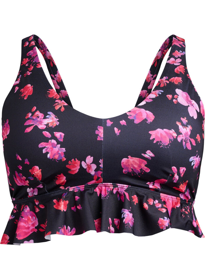 Blomstret bikini top med flæsekant, Lyserød, Packshot image number 0