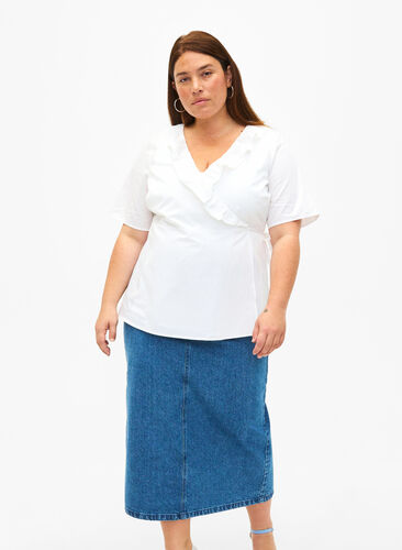 Midilang denim nederdel med slids bagpå, Denim Blue, Model image number 0
