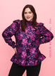 Blomstret jacquardbluse med flæsedetaljer, Dark Blue Pink, Model image number 0