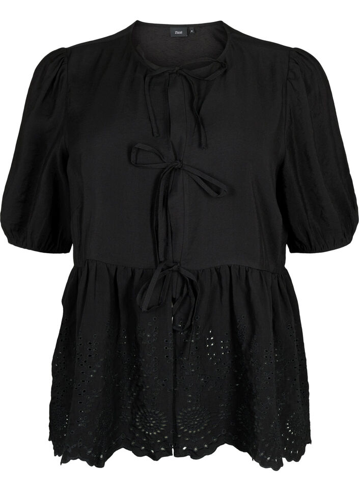 Viskose bluse med broderi anglaise, Black, Packshot image number 0