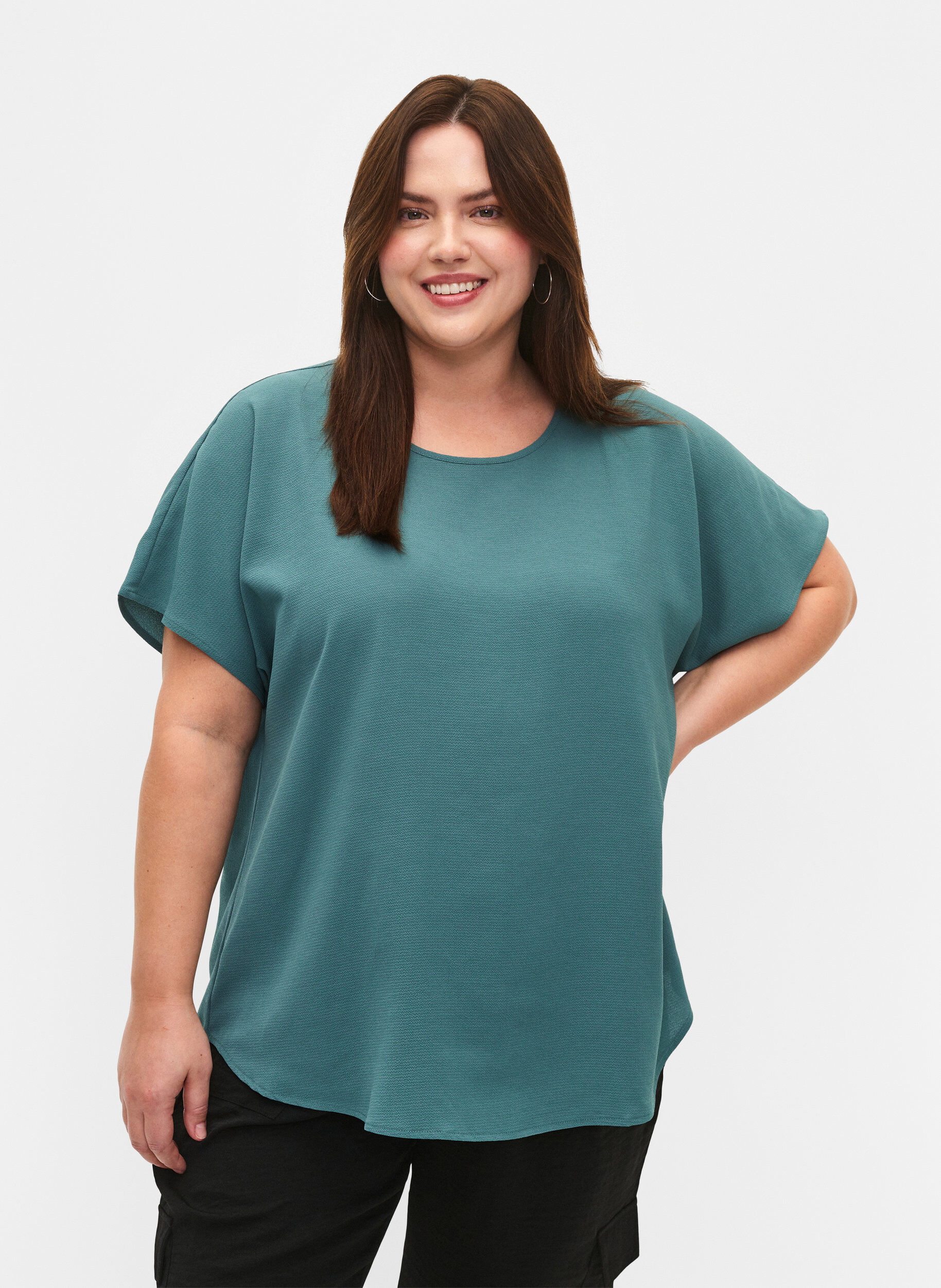 Bluse med korte &aelig;rmer og rund halsudsk&aelig;ring, Gr&oslash;n, Model