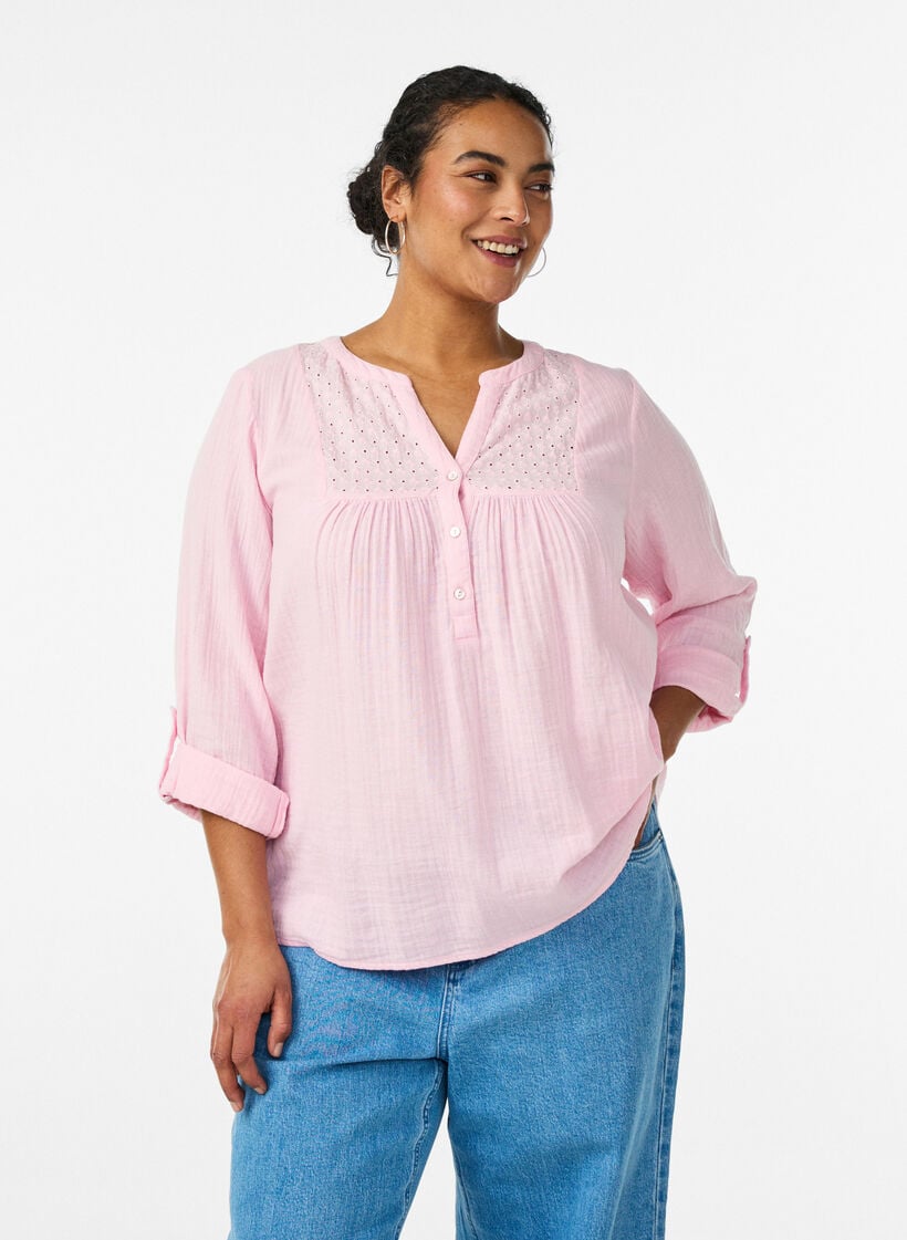 Bluse i bomuldsmusselin med broderi anglaise, Lyser&oslash;d, Model image number 0
