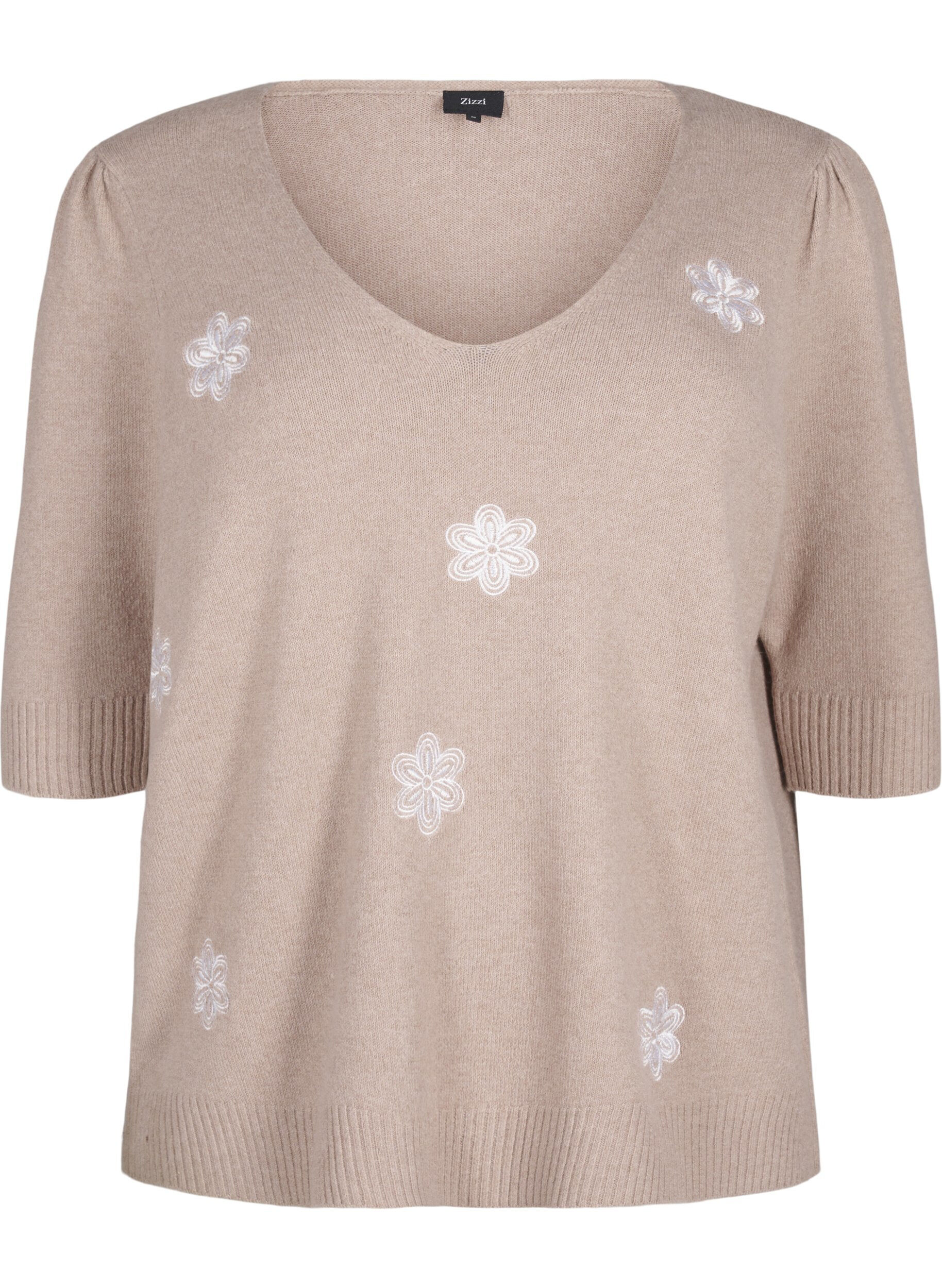 Zizzi Strikket bluse med broderede blomster, Simply Taupe Mel., Packshot image number 0