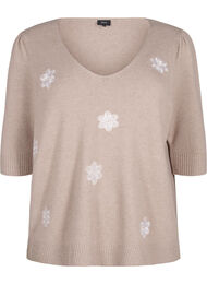 Strikket bluse med broderede blomster, Simply Taupe Mel.