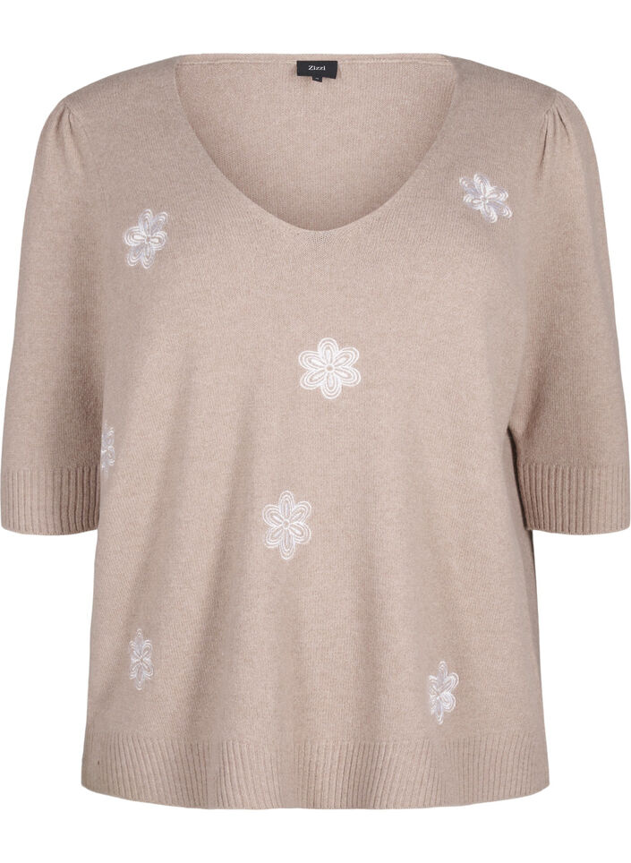 Strikket bluse med broderede blomster, Simply Taupe Mel., Packshot image number 0