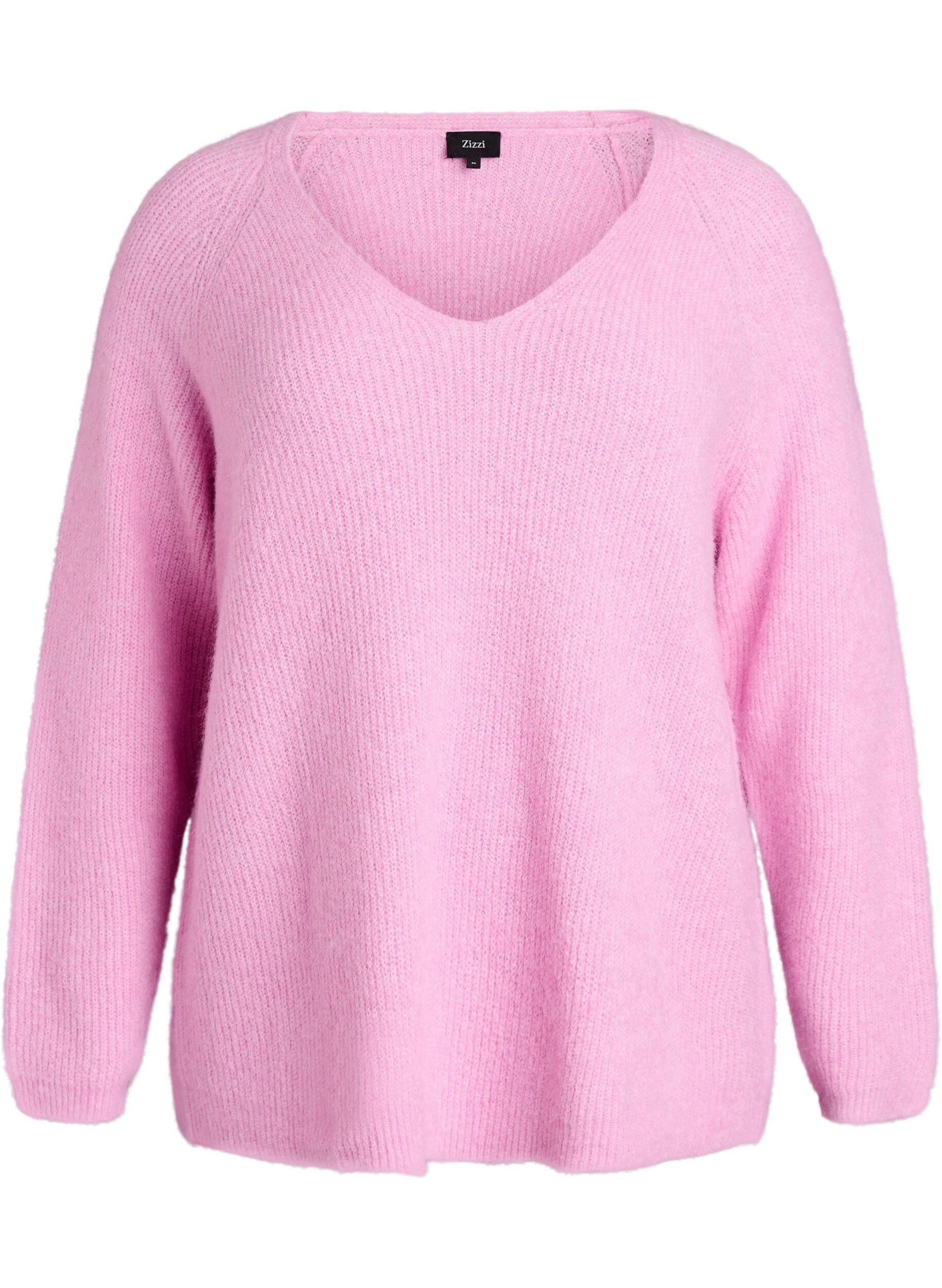 ZizziStrikbluse med V-hals og raglan&aelig;rmer, Lyser&oslash;d, Packshot image number 0