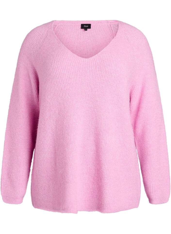 Strikbluse med V-hals og raglan&aelig;rmer, Lyser&oslash;d, Packshot image number 0