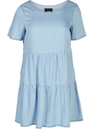 Kortærmet denim kjole med læg, Light blue denim, Packshot image number 0