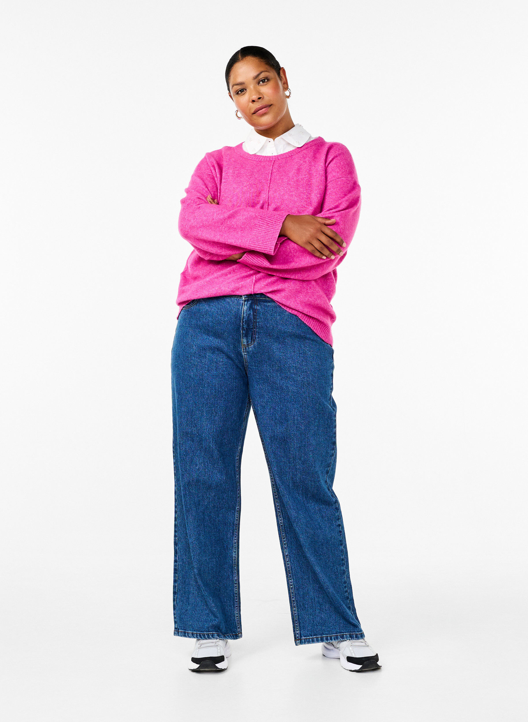 Zizzi Strikbluse med rund hals og midters&oslash;m, Fuchsia Red Mel., Model image number 2
