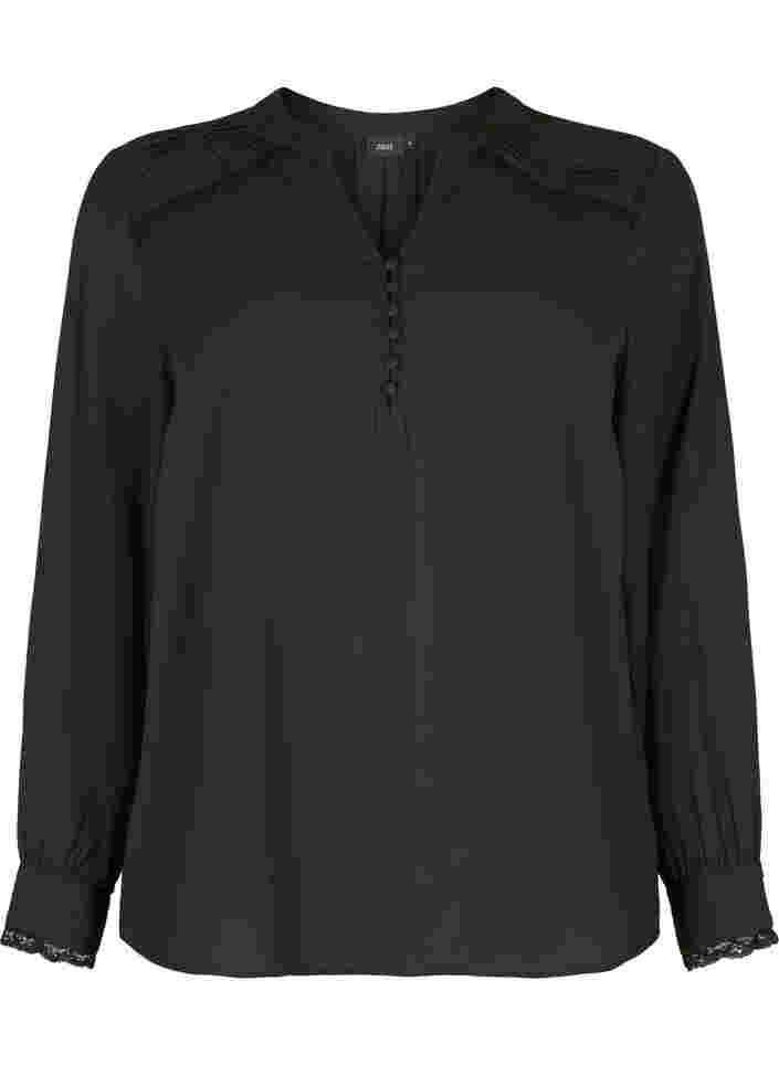 Langærmet bluse med v-udskæring, Black, Packshot image number 0