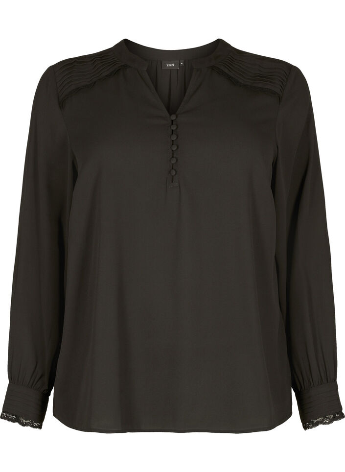 Langærmet bluse med v-udskæring, Black, Packshot image number 0