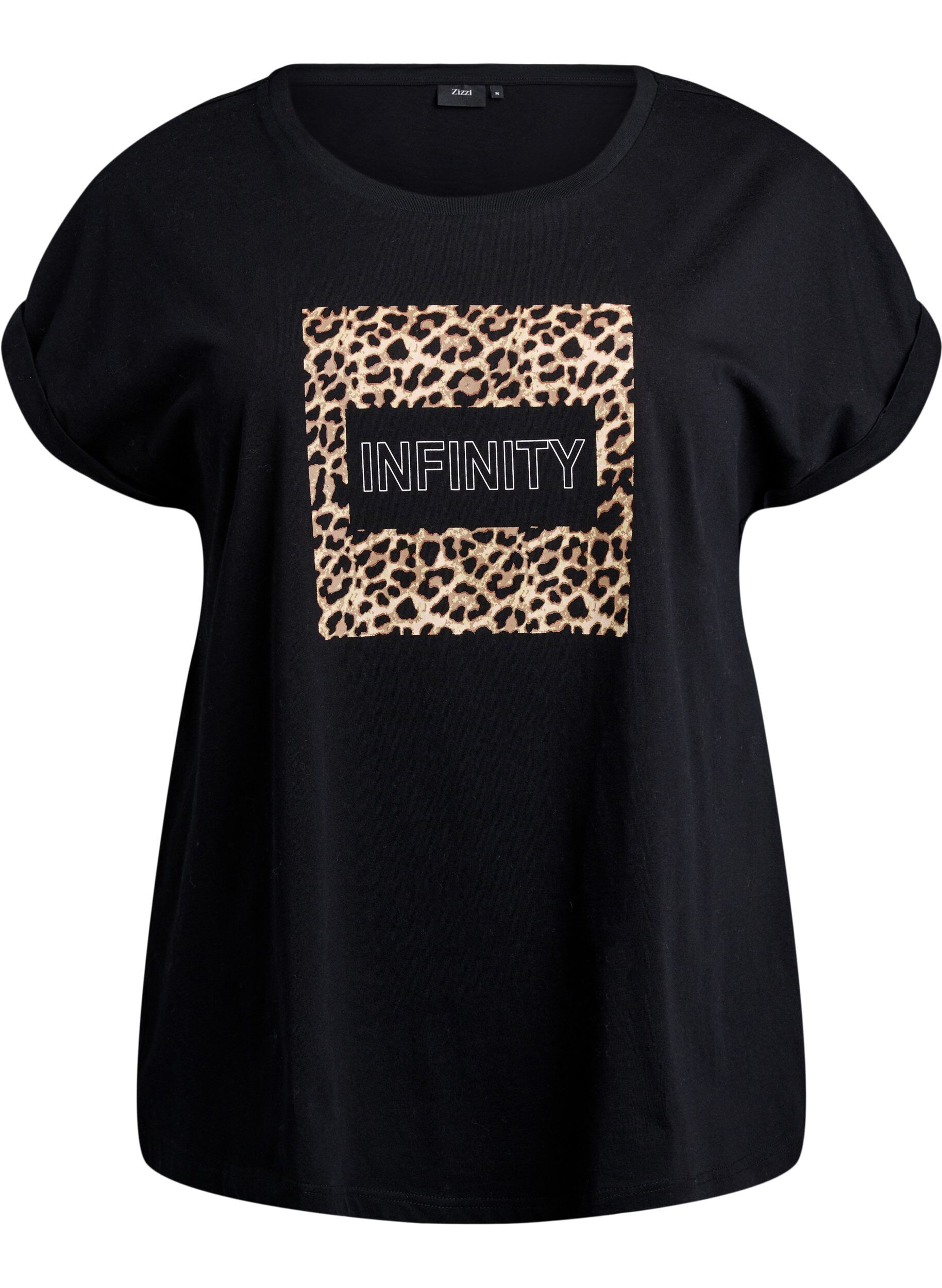 Zizzi T-shirt med leopardprint og tekst, Black Leo, Packshot image number 0