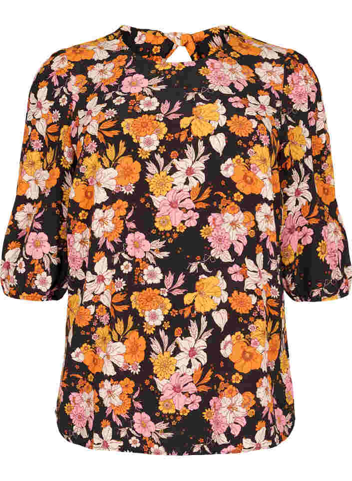 Blomstret viskose bluse med rygdetalje , Black Flower AOP, Packshot image number 0