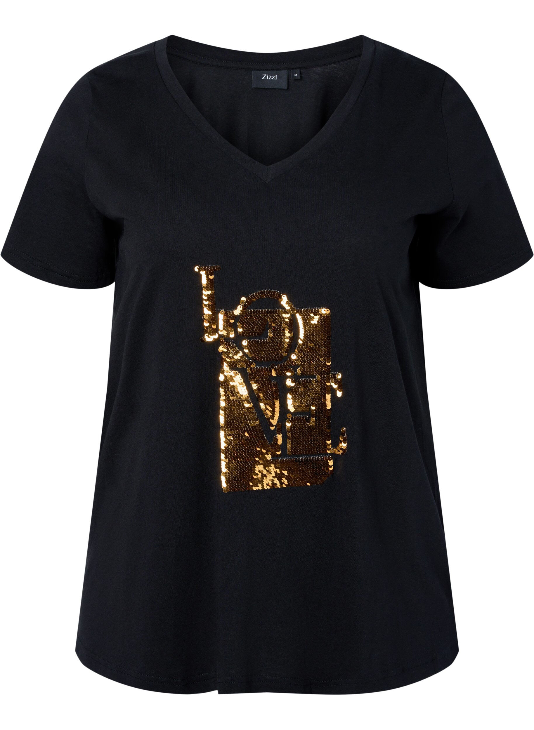 Zizzi Bomulds t-shirt med pailletter, Black w. Love, Packshot image number 0