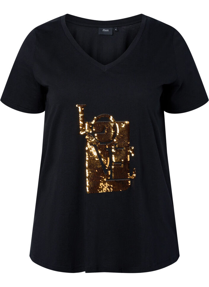 Bomulds t-shirt med pailletter, Black w. Love, Packshot image number 0