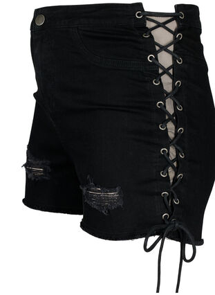 Ripped denim shorts med snøre, Black Denim, Packshot image number 2